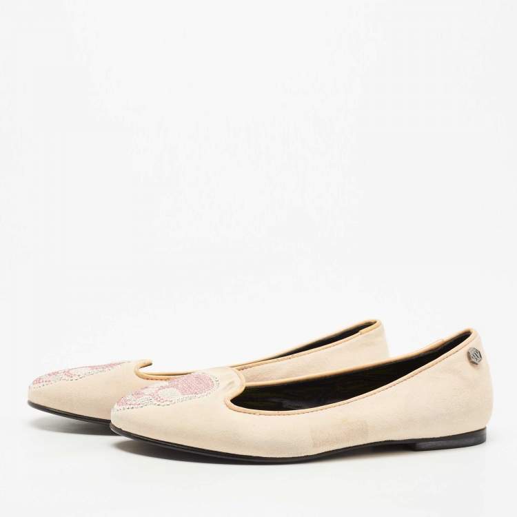 Pre Owned Philipp Plein Beige Suede Diamante Skull Ballet Flats Size 35
