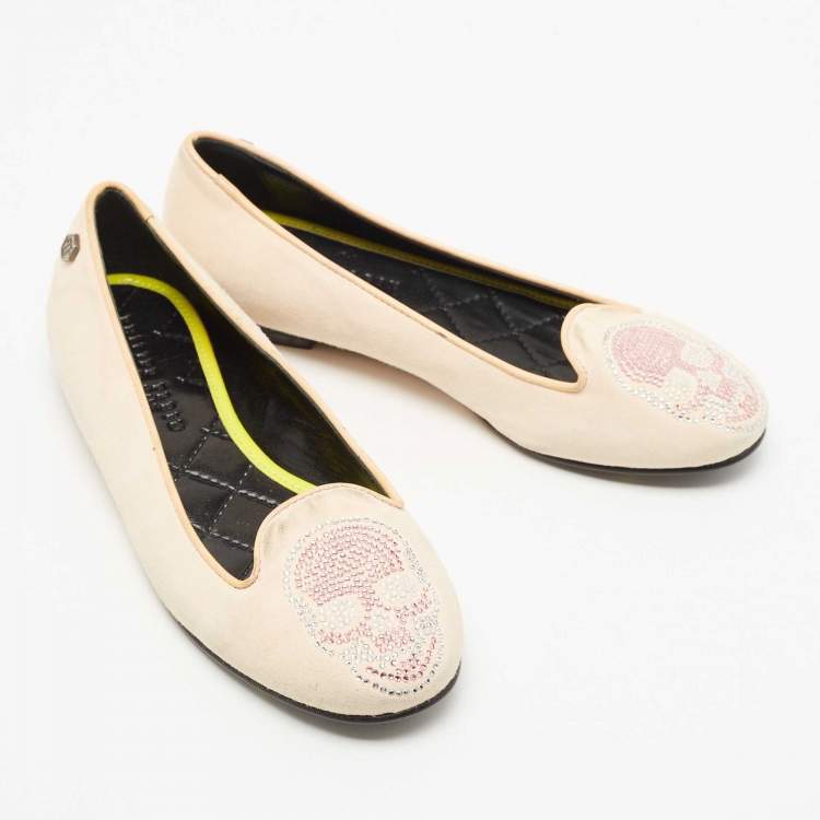 Pre Owned Philipp Plein Beige Suede Diamante Skull Ballet Flats Size 35