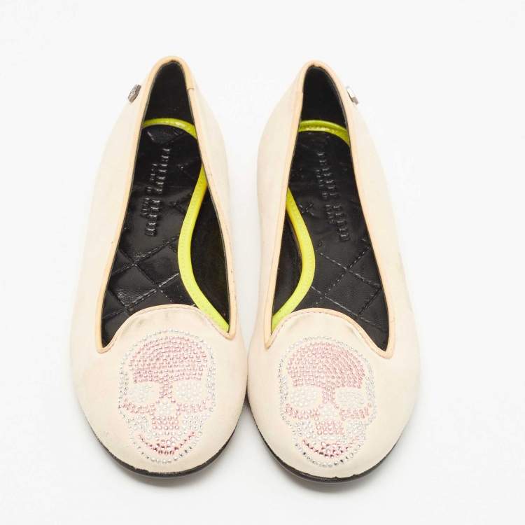 Pre Owned Philipp Plein Beige Suede Diamante Skull Ballet Flats Size 35