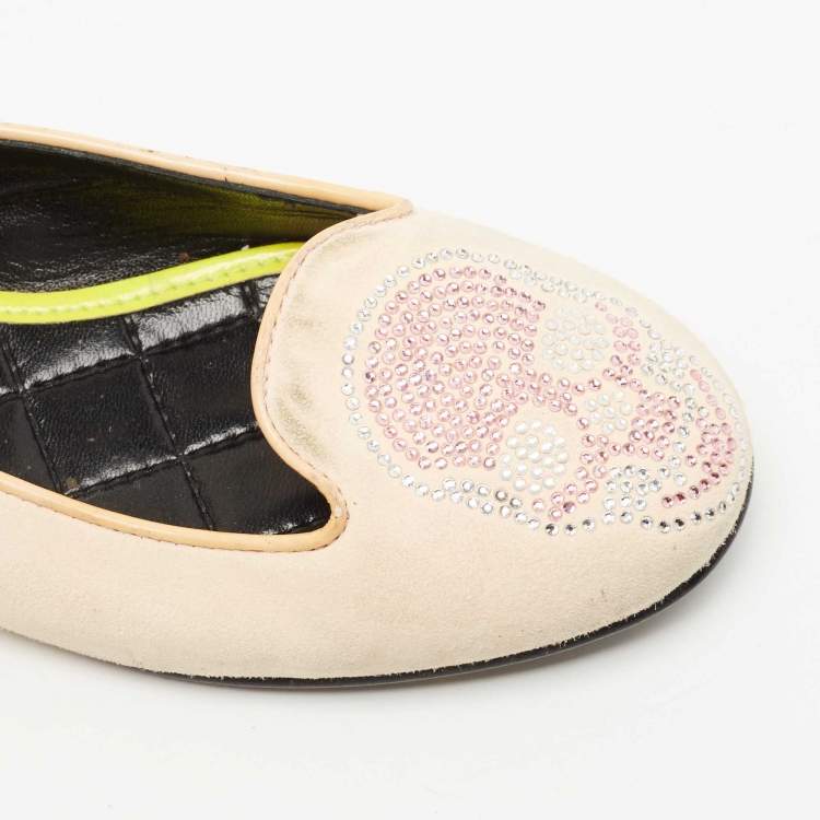 Pre Owned Philipp Plein Beige Suede Diamante Skull Ballet Flats Size 35
