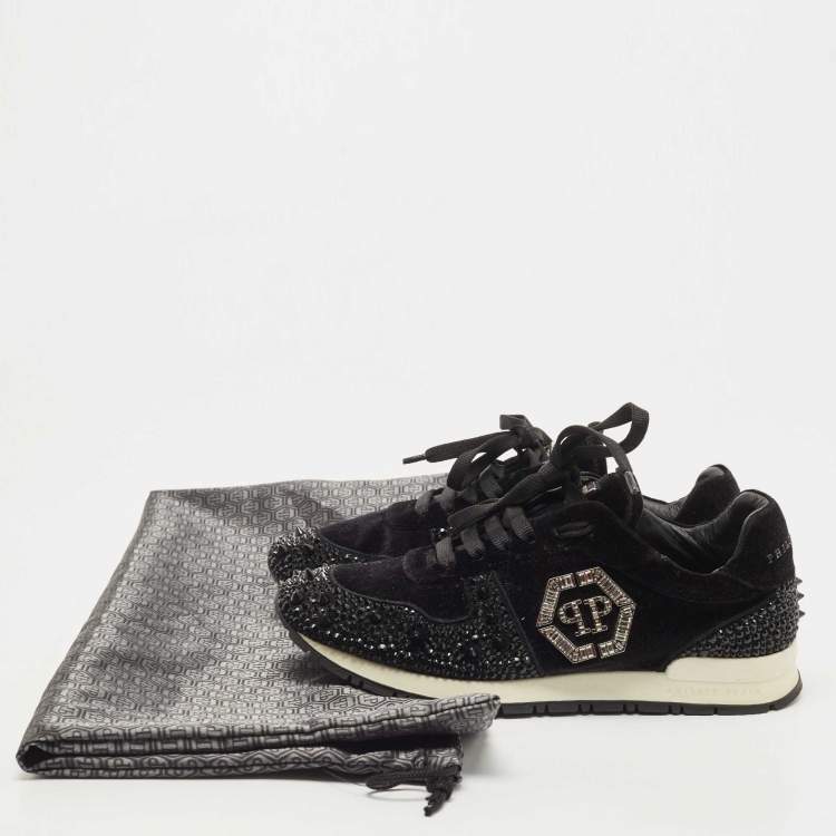 Pre Owned Philipp Plein Black Velvet Studded Embellishments Low Top Sneakers Size 37