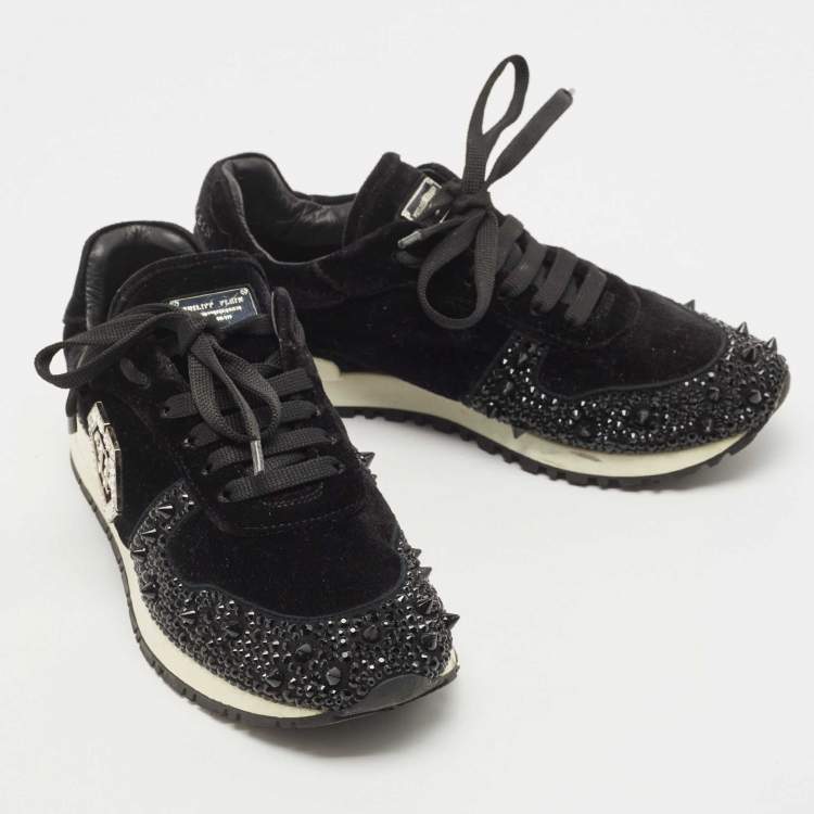 Pre Owned Philipp Plein Black Velvet Studded Embellishments Low Top Sneakers Size 37