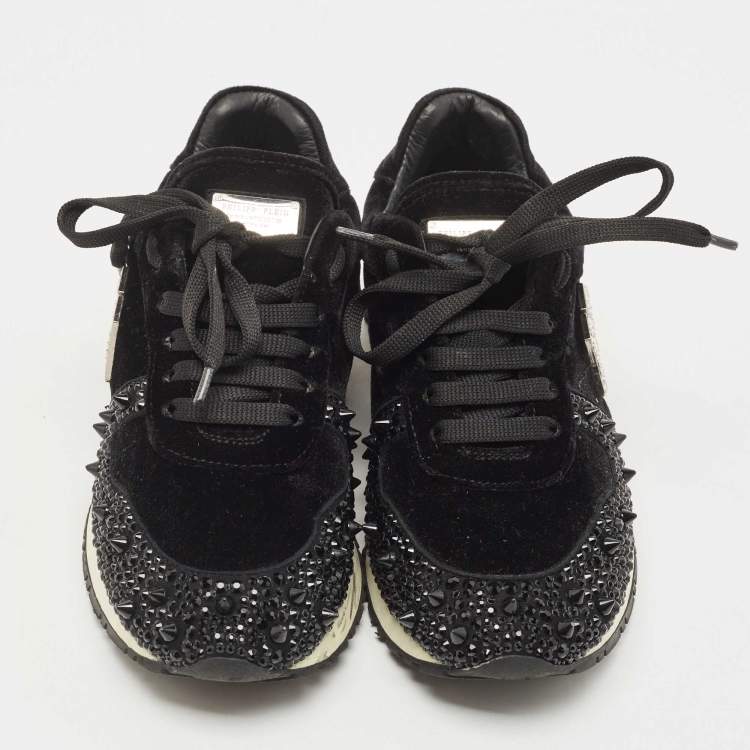 Pre Owned Philipp Plein Black Velvet Studded Embellishments Low Top Sneakers Size 37