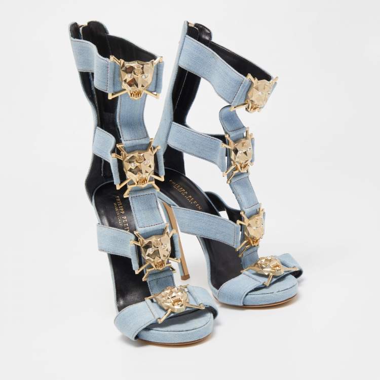 Pre Owned Philipp Plein Blue Denim Gladiator Sandals Size 37