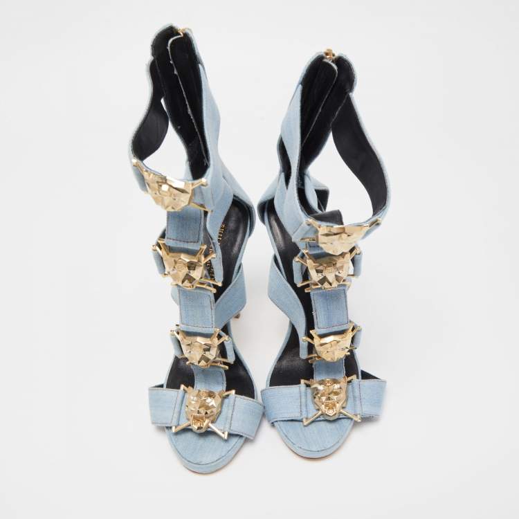 Pre Owned Philipp Plein Blue Denim Gladiator Sandals Size 37