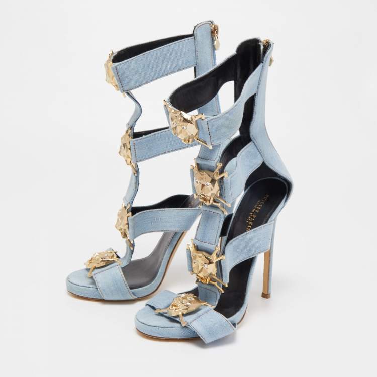 Pre Owned Philipp Plein Blue Denim Gladiator Sandals Size 37