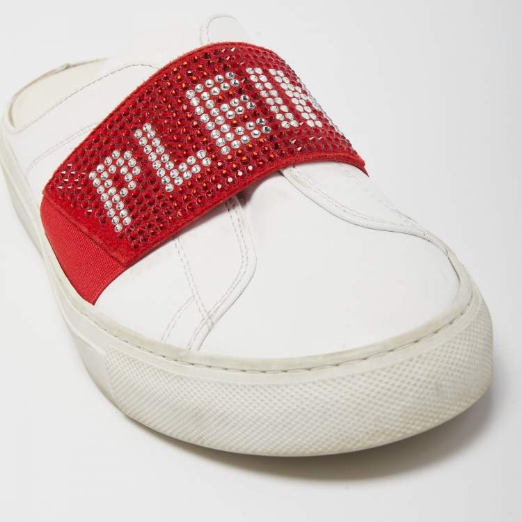 Pre Owned Phillip Plein White/Red Leather Crystal Embellished Logo Sneaker Mules Size 38