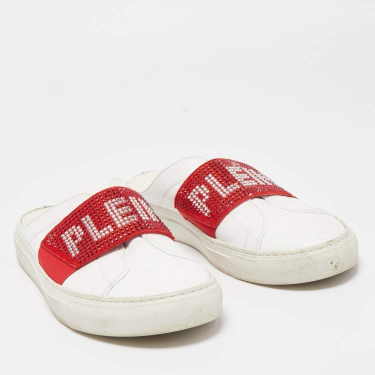 Pre Owned Phillip Plein White/Red Leather Crystal Embellished Logo Sneaker Mules Size 38