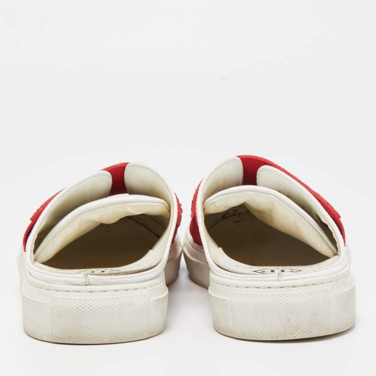 Pre Owned Phillip Plein White/Red Leather Crystal Embellished Logo Sneaker Mules Size 38