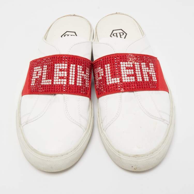 Pre Owned Phillip Plein White/Red Leather Crystal Embellished Logo Sneaker Mules Size 38