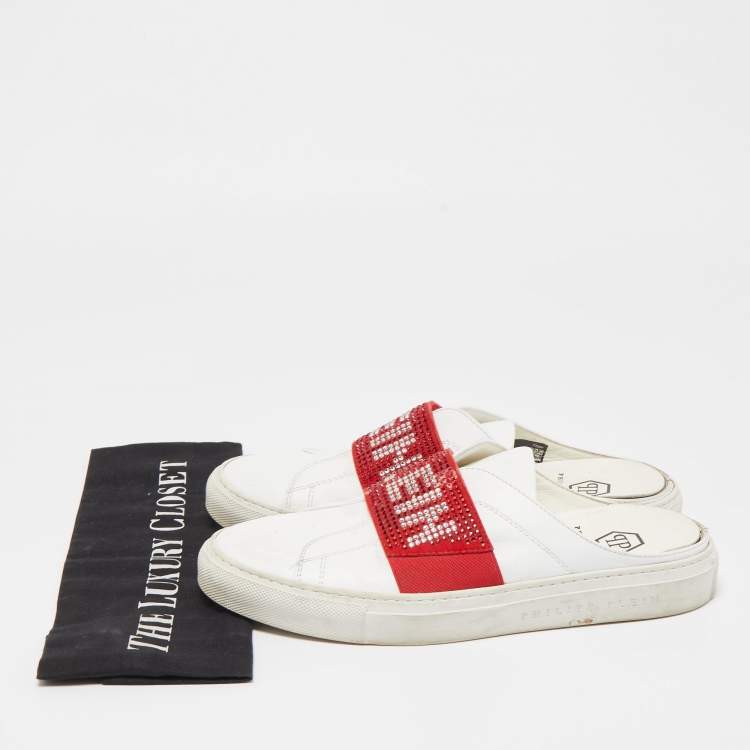 Pre Owned Phillip Plein White/Red Leather Crystal Embellished Logo Sneaker Mules Size 38