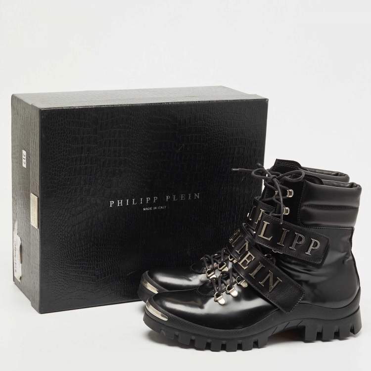 Pre Owned Philipp Plein Black Leather Tie Up Ankle Boots Size 42