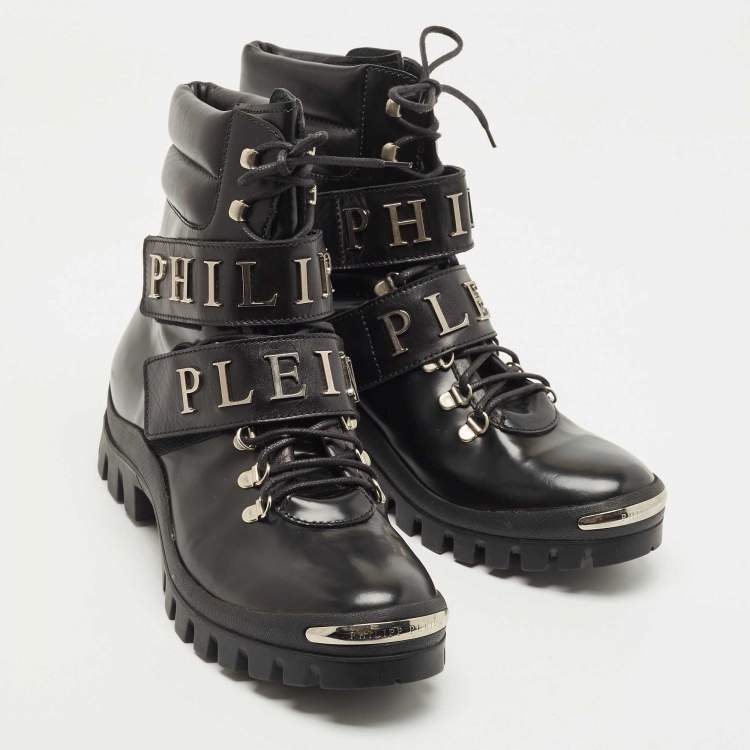 Pre Owned Philipp Plein Black Leather Tie Up Ankle Boots Size 42