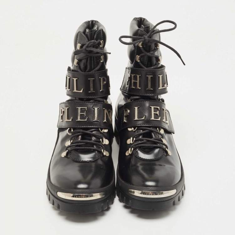 Pre Owned Philipp Plein Black Leather Tie Up Ankle Boots Size 42