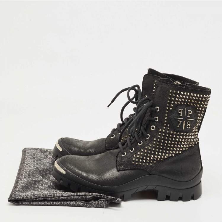 Pre Owned Philipp Plein Black Leather Studded Lace Up Ankle Boots Size 42