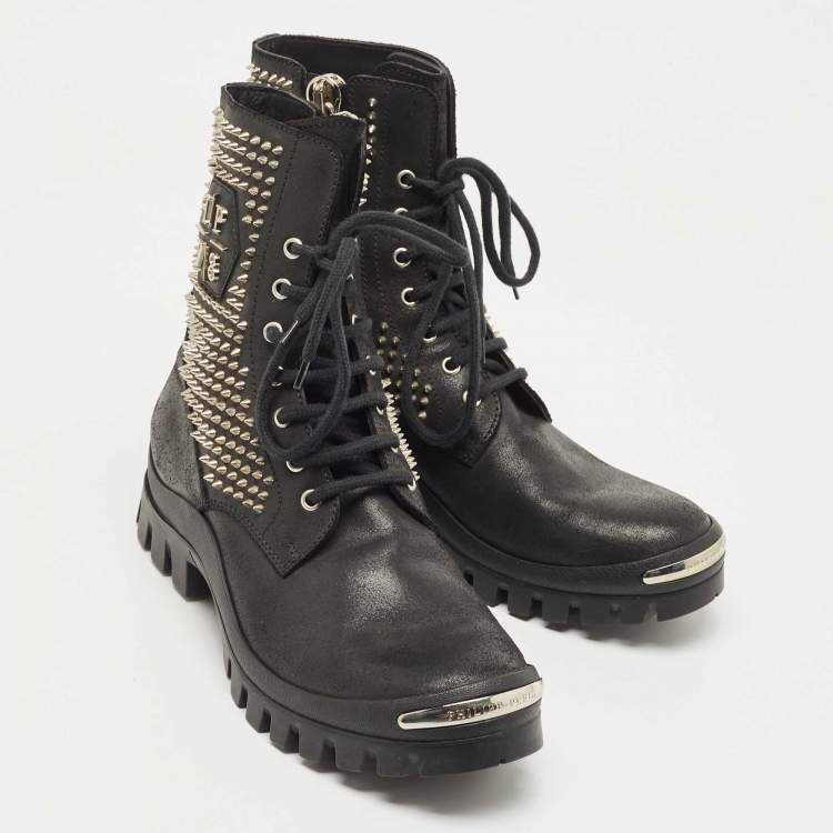 Pre Owned Philipp Plein Black Leather Studded Lace Up Ankle Boots Size 42