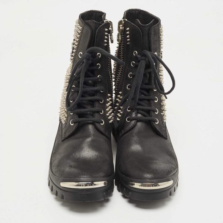 Pre Owned Philipp Plein Black Leather Studded Lace Up Ankle Boots Size 42