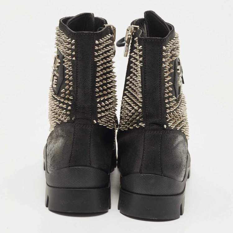 Pre Owned Philipp Plein Black Leather Studded Lace Up Ankle Boots Size 42