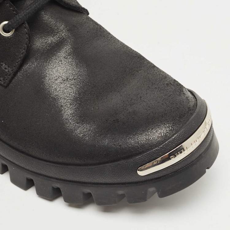 Pre Owned Philipp Plein Black Leather Studded Lace Up Ankle Boots Size 42