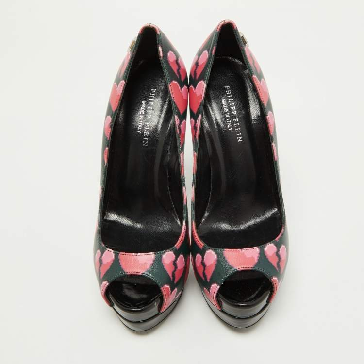 Pre Owned Philipp Plein Pink/Black Leather Provocateur Peep Toe Platform Pumps Size36.5