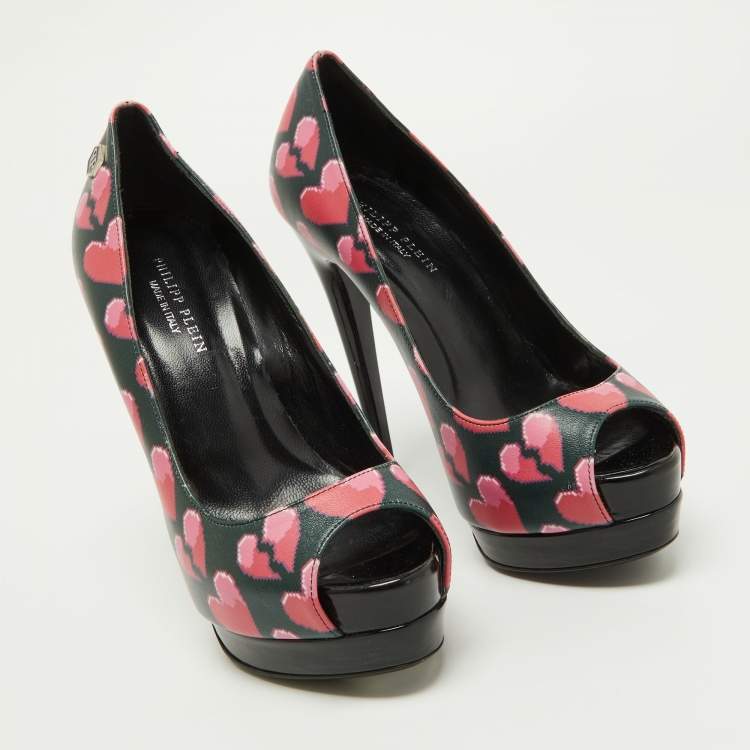 Pre Owned Philipp Plein Pink/Black Leather Provocateur Peep Toe Platform Pumps Size36.5