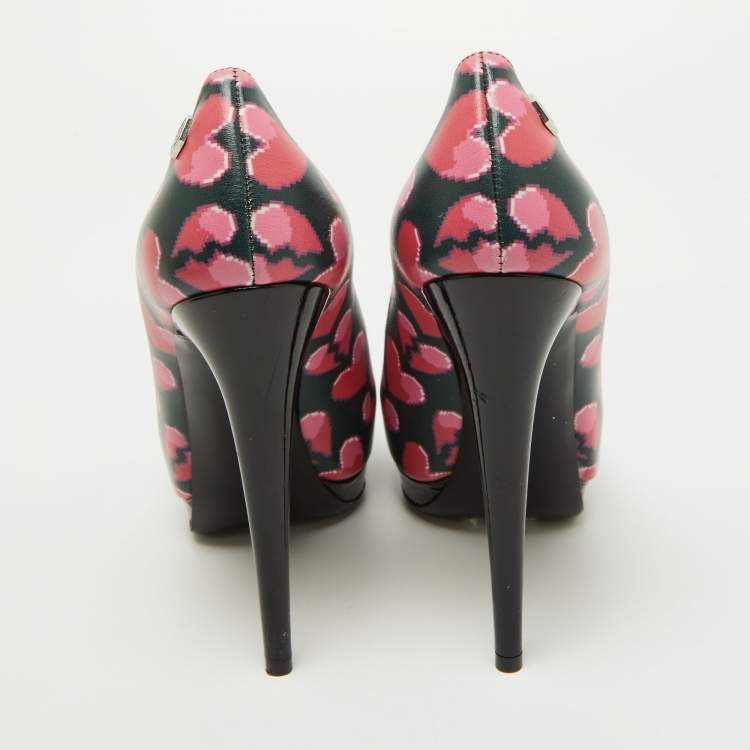 Pre Owned Philipp Plein Pink/Black Leather Provocateur Peep Toe Platform Pumps Size36.5