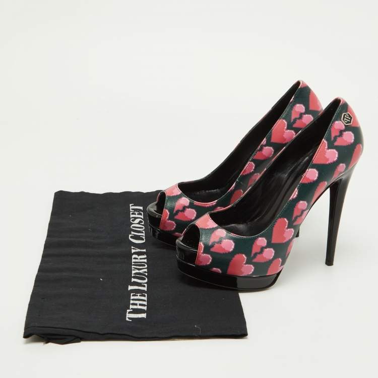 Pre Owned Philipp Plein Pink/Black Leather Provocateur Peep Toe Platform Pumps Size36.5