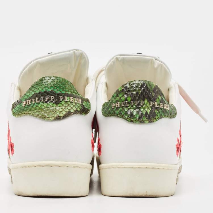 Pre Owned Philipp Plein White Leather Floral Embroidered 'I Wonder' Sneakers Size 39
