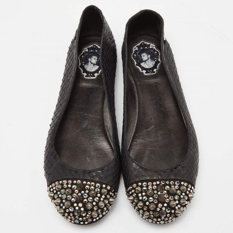 Pre Owned Philipp Plein Black Watersnake Leather Spike Ballet Flats Size 37