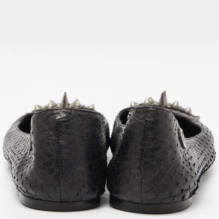 Pre Owned Philipp Plein Black Watersnake Leather Spike Ballet Flats Size 37