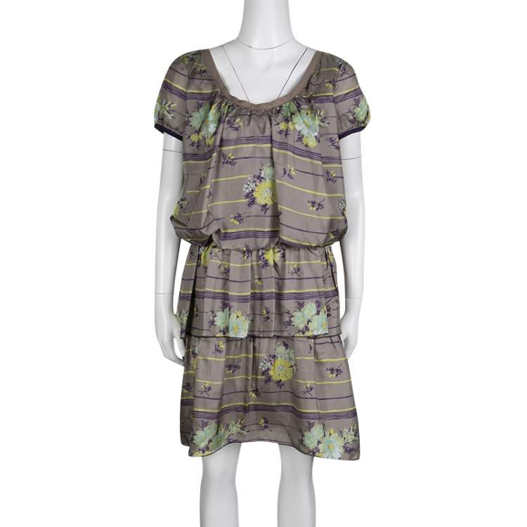 Pre Owned Philosophy di Alberta Ferretti Grey Floral Printed Silk Tiered Dress S