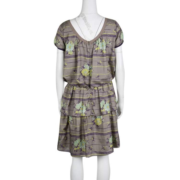 Pre Owned Philosophy di Alberta Ferretti Grey Floral Printed Silk Tiered Dress S