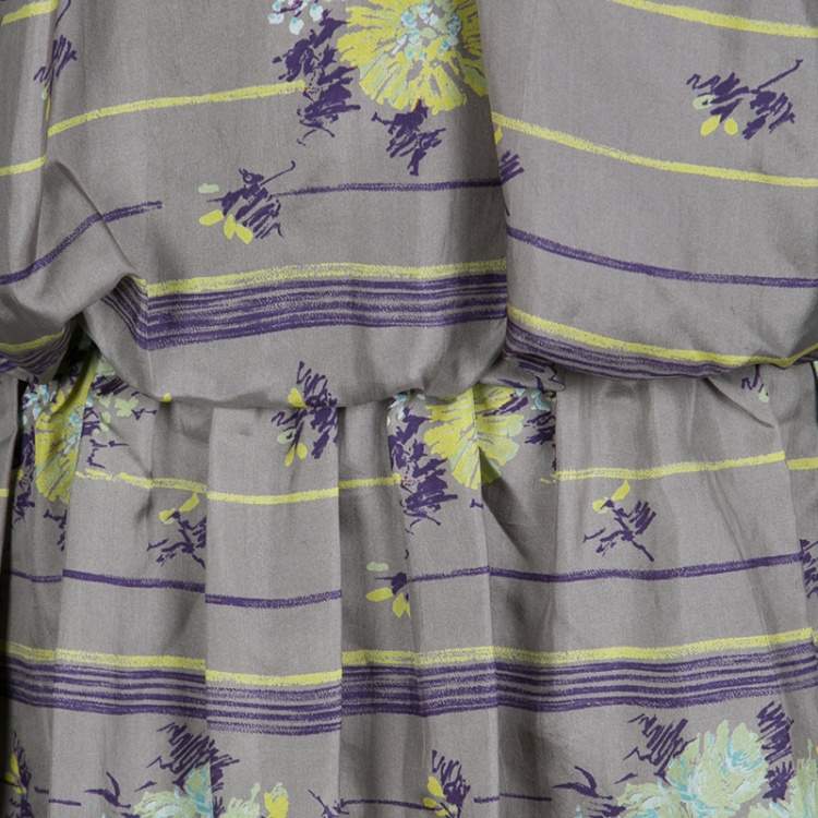 Pre Owned Philosophy di Alberta Ferretti Grey Floral Printed Silk Tiered Dress S