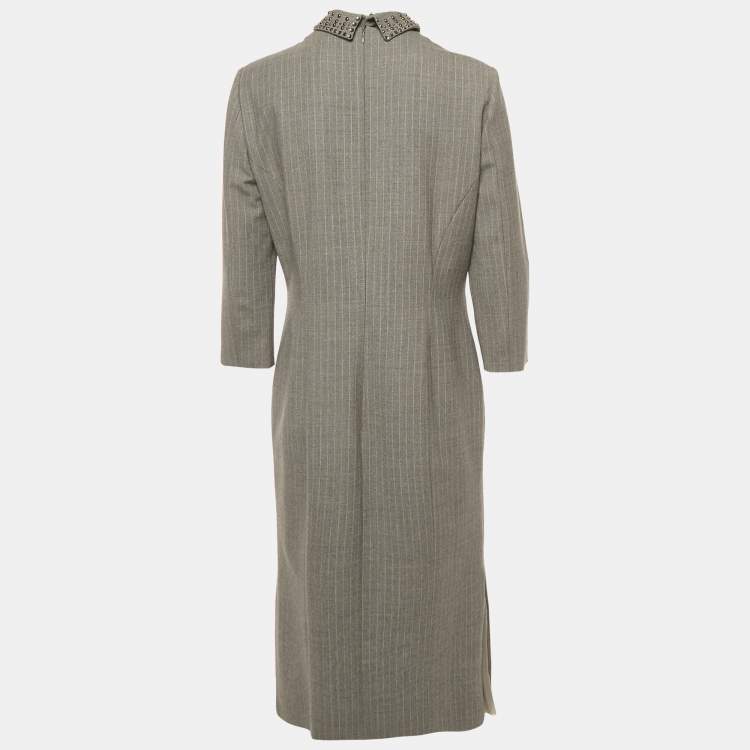 Pre Owned Philosophy di Alberta Ferretti Grey Pinstriped Wool Embellished Collar Midi Dress L