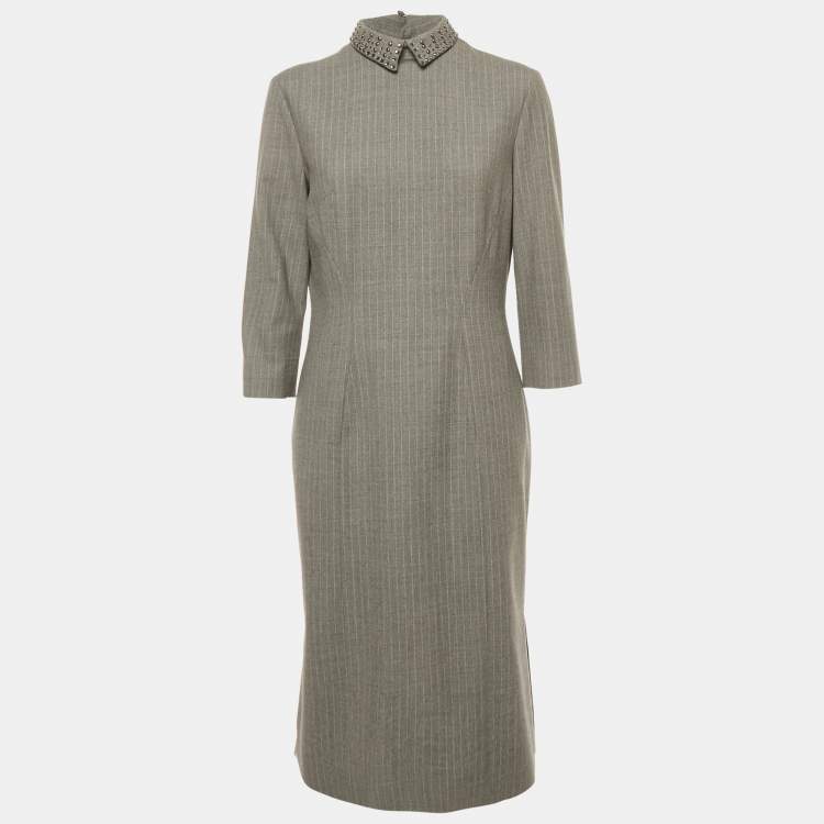 Pre Owned Philosophy di Alberta Ferretti Grey Pinstriped Wool Embellished Collar Midi Dress L