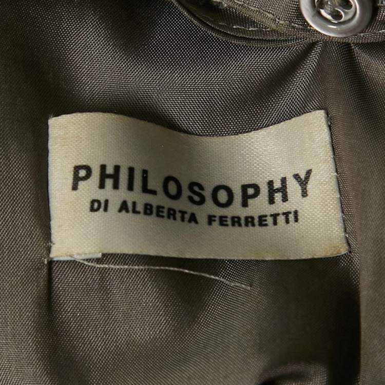 Pre Owned Philosophy di Alberta Ferretti Grey Pinstriped Wool Embellished Collar Midi Dress L