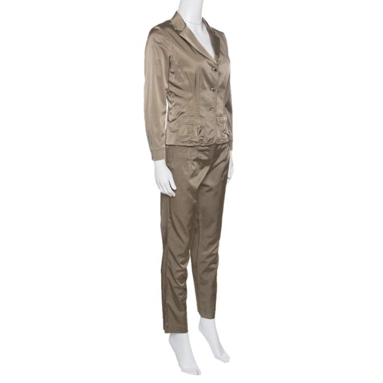 Pre Owned Philosophy di Alberta Ferretti Olive Green Satin Blazer and Trouser Set M