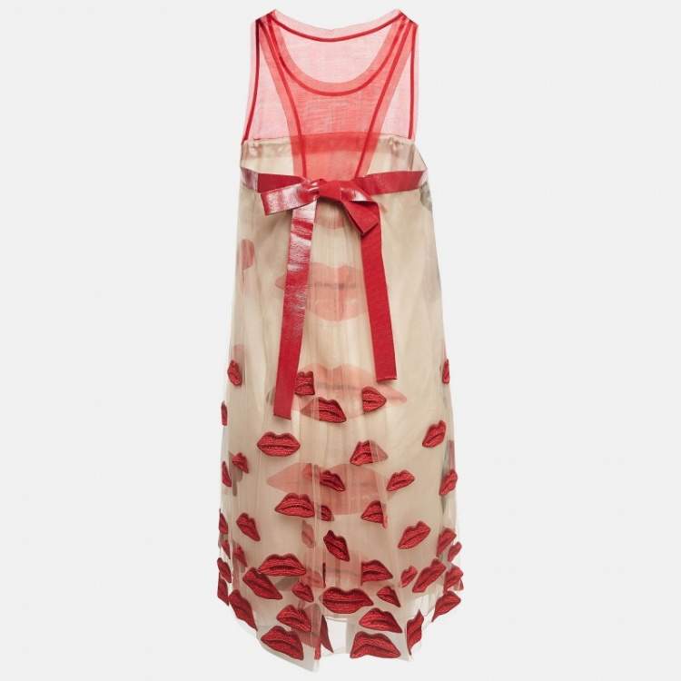 Pre Owned Philosophy di Alberta Ferretti Red/Beige Lip Applique Tulle Dress S