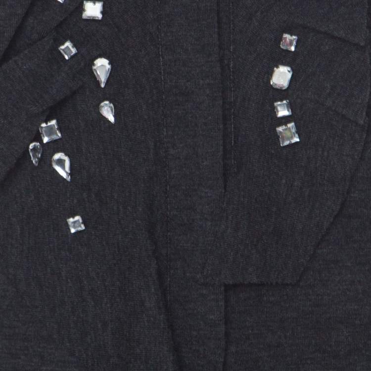 Pre Owned Philosophy Di Alberta Ferretti Dark Grey Wool Embellished Ruffle Detail Long Sleeve Top M
