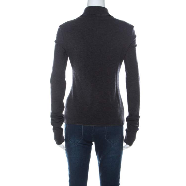 Pre Owned Philosophy Di Alberta Ferretti Dark Grey Wool Embellished Ruffle Detail Long Sleeve Top M