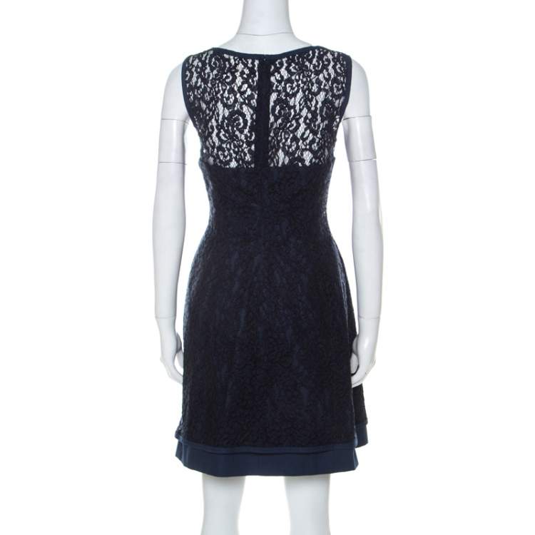 Pre Owned Philosophy di Alberta Ferretti Navy Blue Cotton Blend Sleeveless Lace Dress S