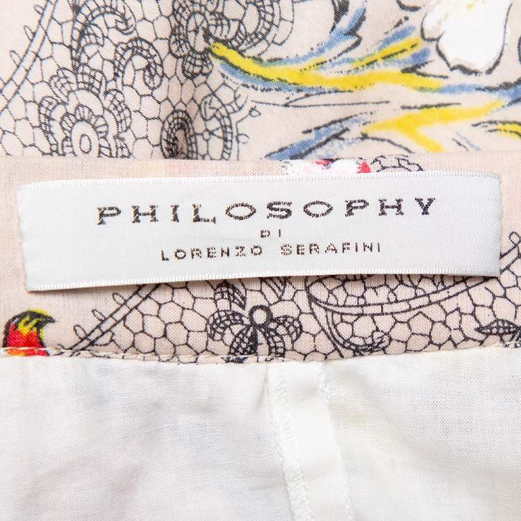 Pre Owned Philosophy Beige Floral Printed Cotton & Silk Ruffled Asymmetric Hem Midi Skirt M
