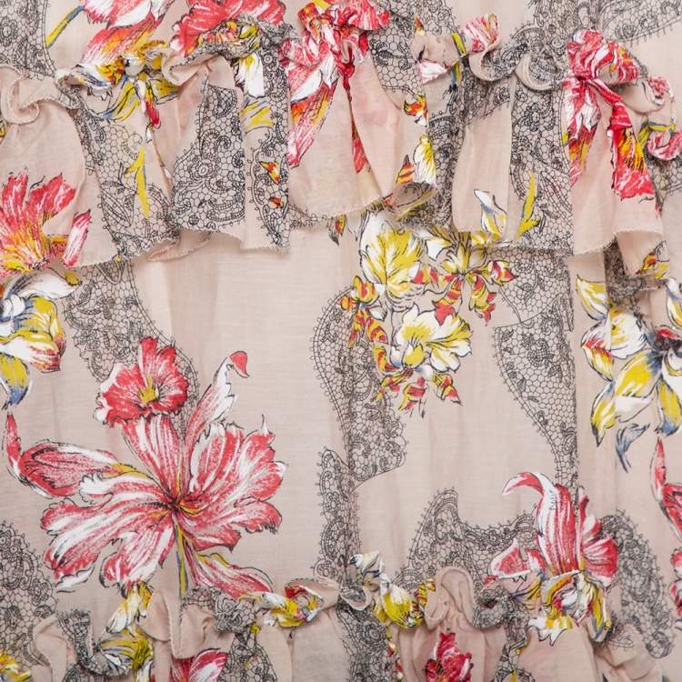 Pre Owned Philosophy Beige Floral Printed Cotton & Silk Ruffled Asymmetric Hem Midi Skirt M