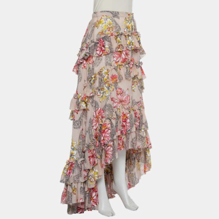 Philosophy Beige Floral Printed Cotton & Silk Ruffled Asymmetric