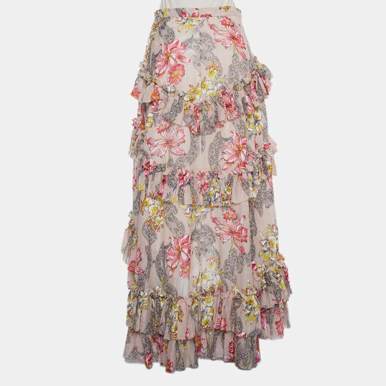 Pre Owned Philosophy Beige Floral Printed Cotton & Silk Ruffled Asymmetric Hem Midi Skirt M