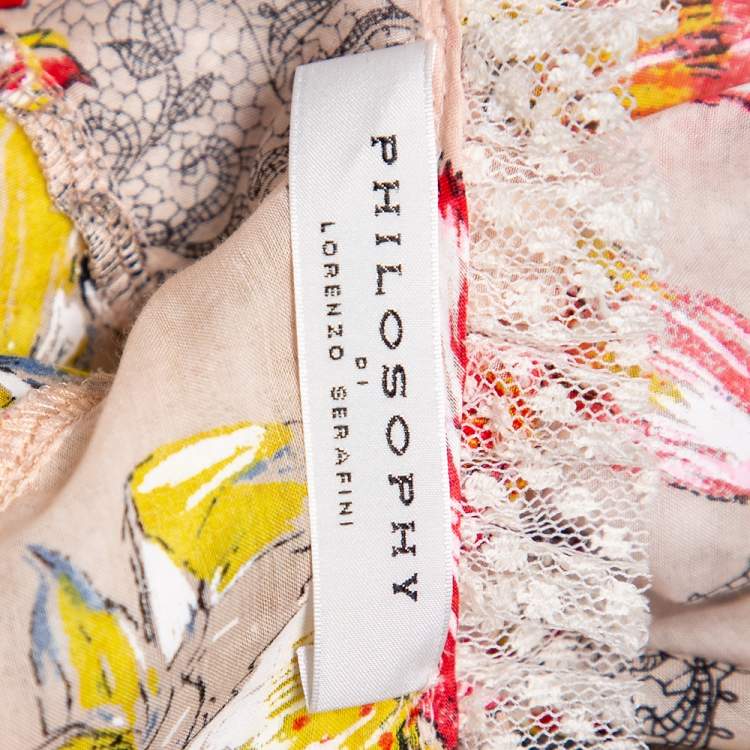 Pre Owned Philosophy Di Lorenzo Serafini Pink Floral Printed Cotton  Ruffled Crop Top M