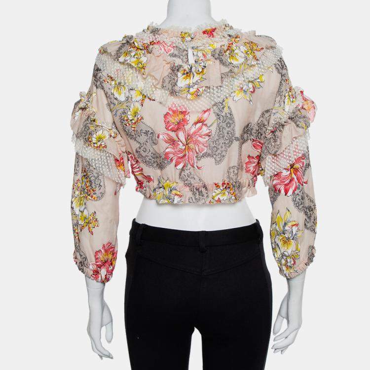 Pre Owned Philosophy Di Lorenzo Serafini Pink Floral Printed Cotton  Ruffled Crop Top M