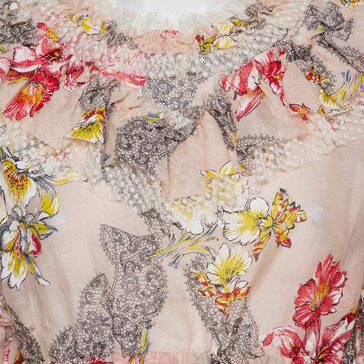 Pre Owned Philosophy Di Lorenzo Serafini Pink Floral Printed Cotton  Ruffled Crop Top M