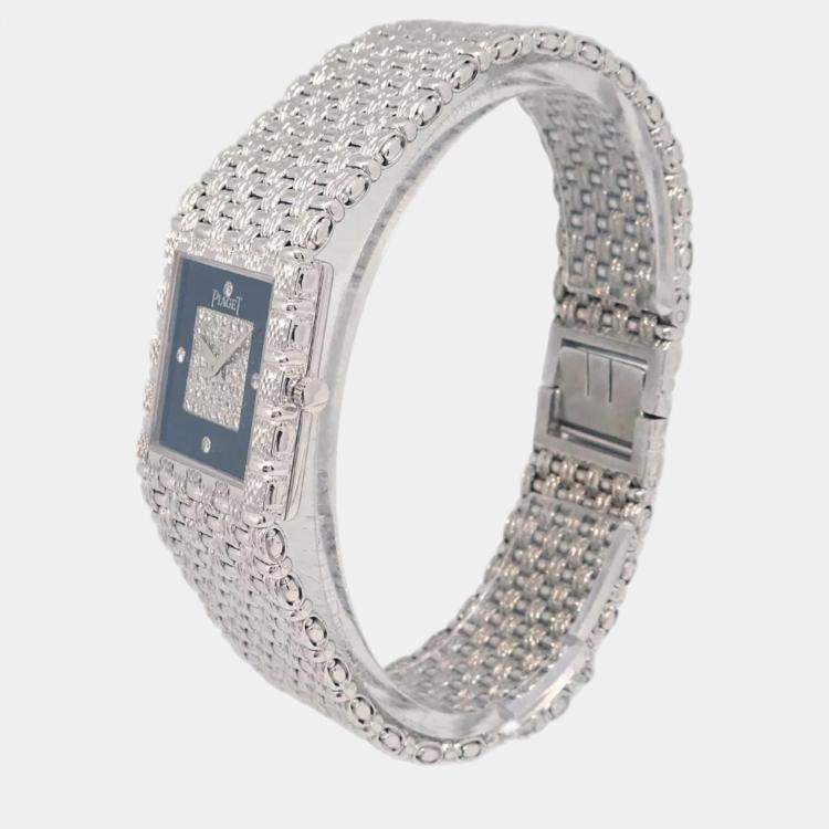 Pre Owned Piaget Black Diamond 18k White Gold Vintage 9131D23 Women's Wristwatch 23 mm