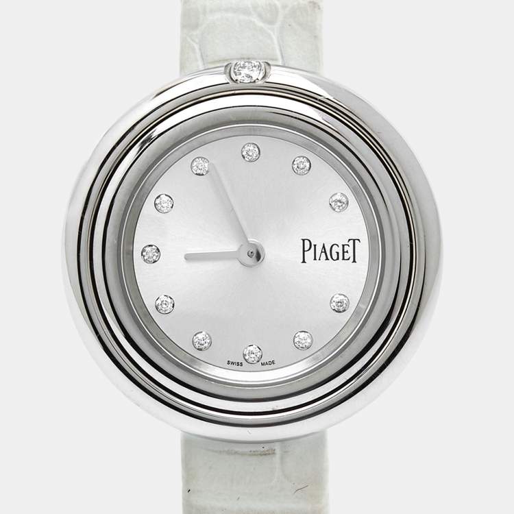 Pre Owned Piaget Silver Diamond Stainless Steel Alligator Possession G0A43090 Women's Wristwatch 34 mm